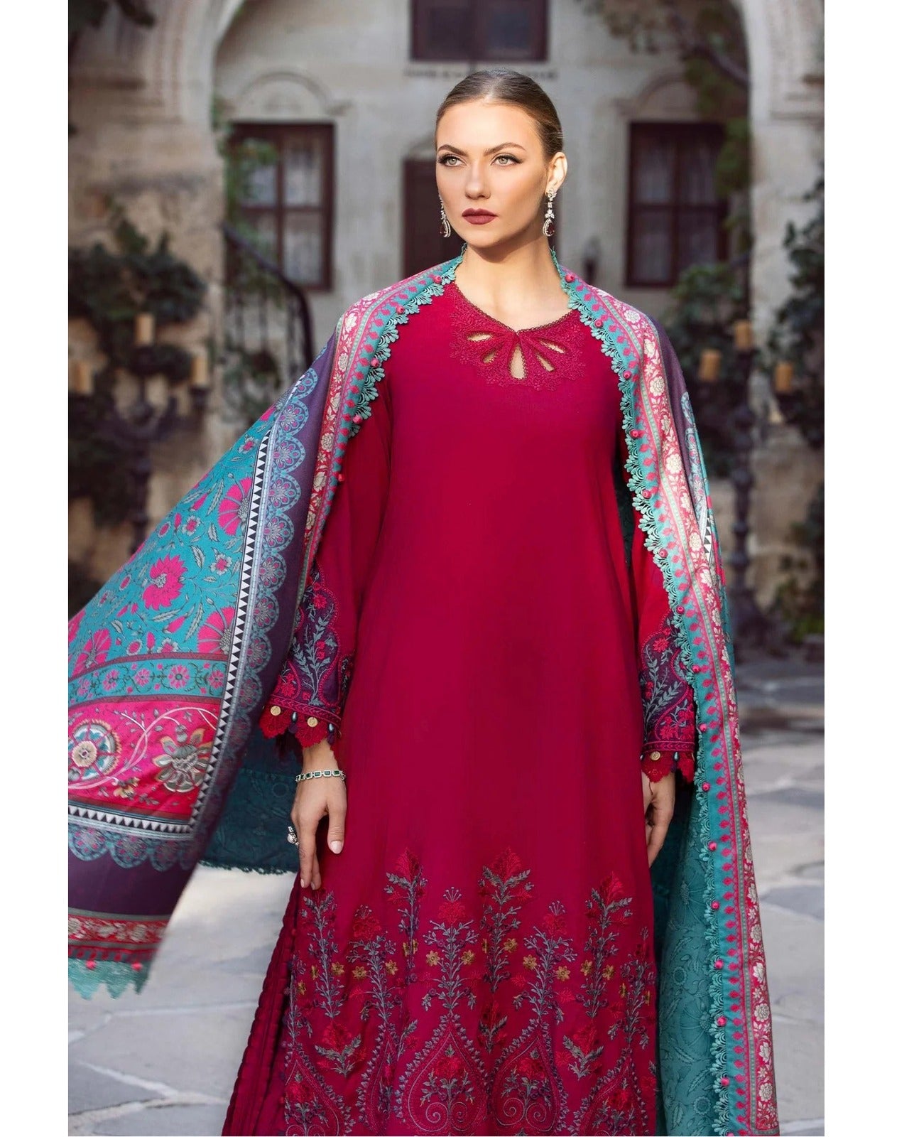 MARIA B LAWN EMBROIDERY DRESS WITH PRINTED SHAWL 3 PIECE UNSTITCHED