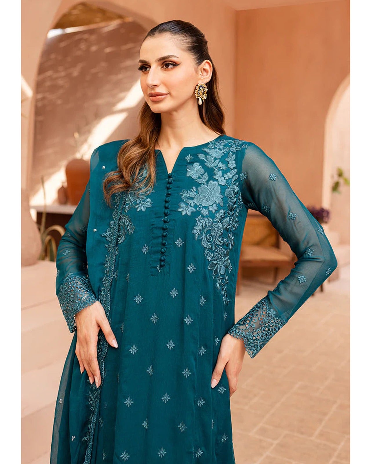 AZURE SOFT CHIFFON EMBROIDERY DRESS 3 PIECE